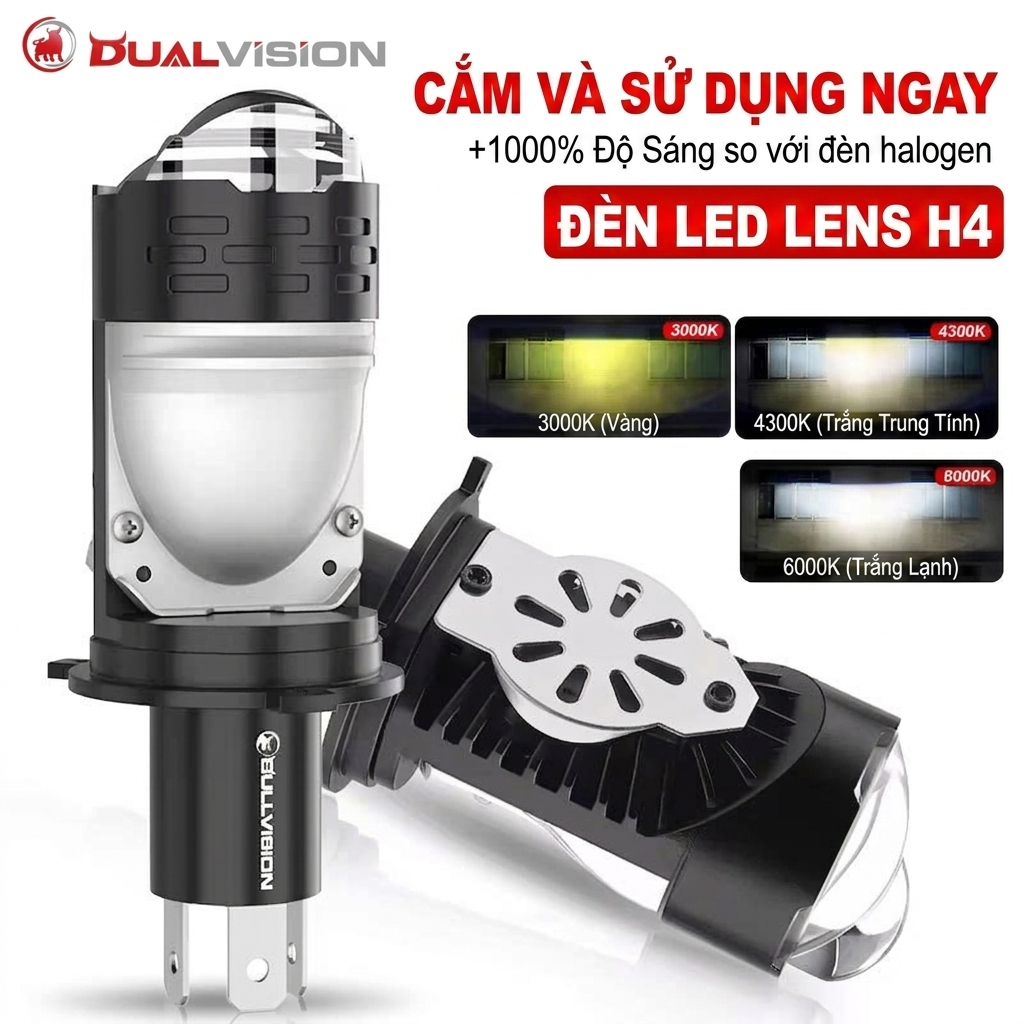 Bi LED Mini H4 3 Màu 55/40W 12V, Trợ Pha Mắt Ếch 1 LED - Five Star BM01 - Dùng thử 30 ngày miễn phí, Bảo hành 3 năm đổi mới