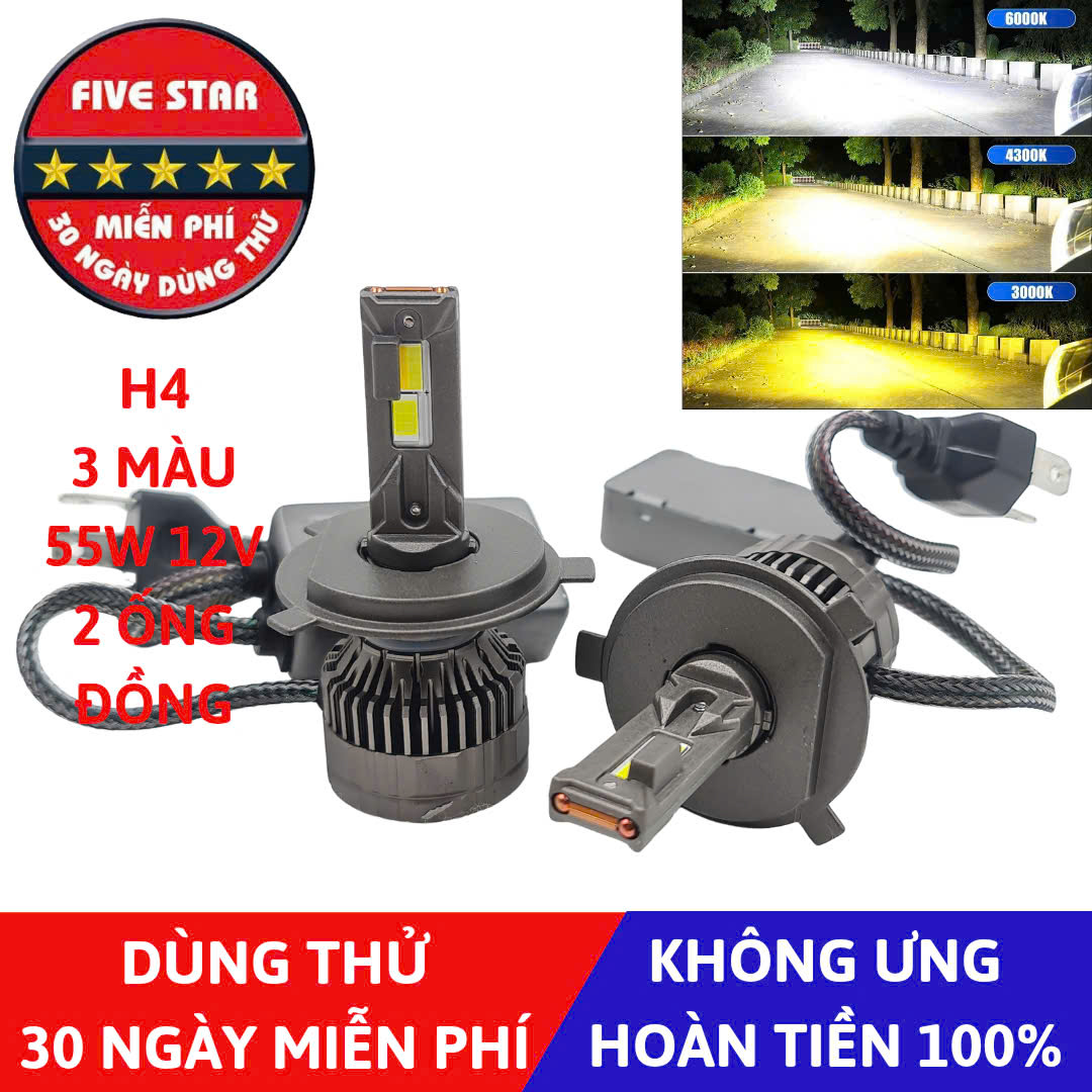 Bóng Led H4 3 màu 55W 12V 2 ống đồng - Five Star F87 - Dùng thử 30 ngày miễn phí, Bảo hành 3 năm đổi mới - hình ảnh sản phẩm