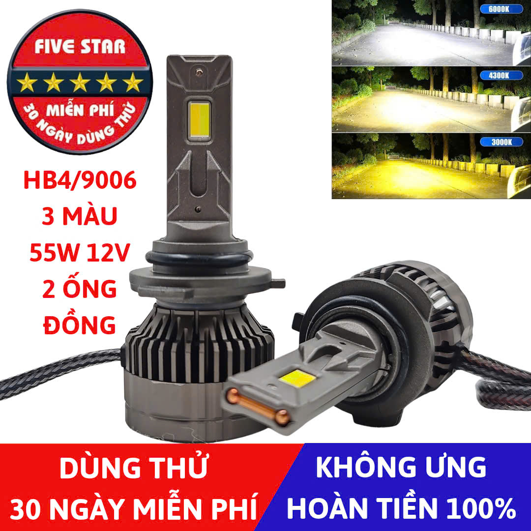 Bóng Led HB4 9006 3 màu 55W 12V 2 ống đồng - Five Star F87 - Dùng thử 30 ngày miễn phí, Bảo hành 3 năm đổi mới - hình ảnh sản