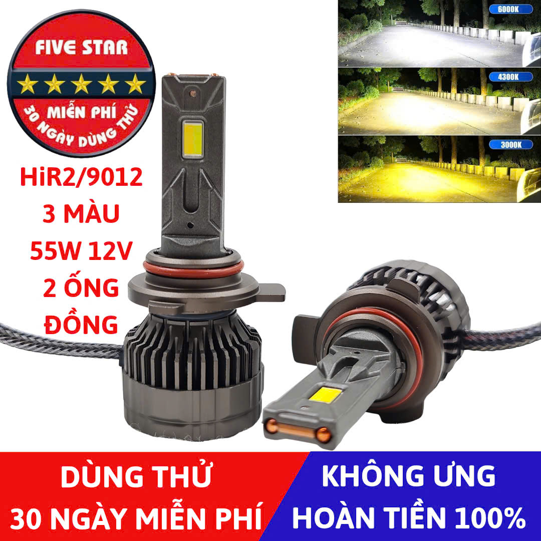 Bóng Led HIR2 9012 9012 3 màu 55W 12V 2 ống đồng - Five Star F87 - Dùng thử 30 ngày miễn phí, Bảo hành 3 năm đổi mới - hình ả