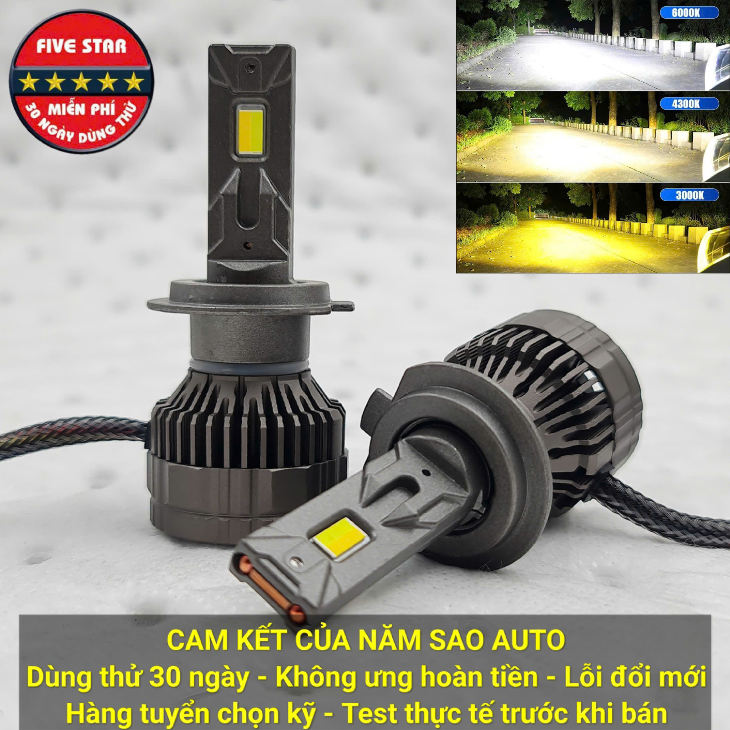 Bóng LED Pha Gầm 3 Màu 55W 12V 2 Ống Đồng - Five Star F87 - góc nhìn 2