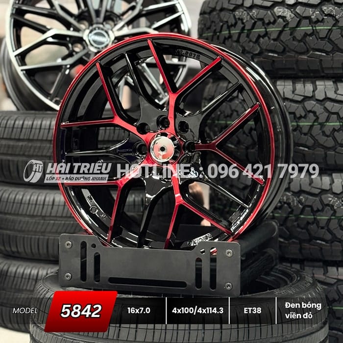 Mâm xe 16 inch Đen bóng viền đỏ PCD 4x100/114.3 mẫu 5842